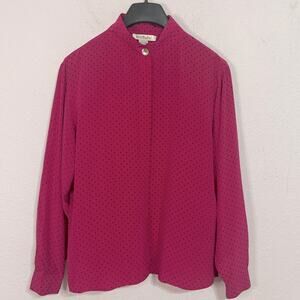 Vintage Ann Taylor Women Fuschia Polka Dots 100% Silk Longsleeve Blouse Size 12